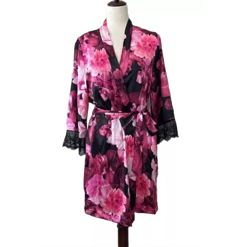 Linea Donatello Intimate Floral Sleep Dress Kimono Lace Front Wrap, Size S, NWT
